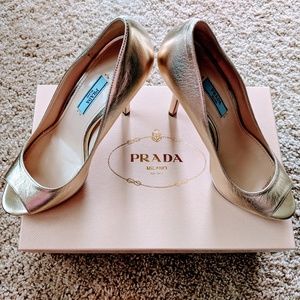 PRADA Metallic Peep Toe Pumps in Napa Silk Sz - 7